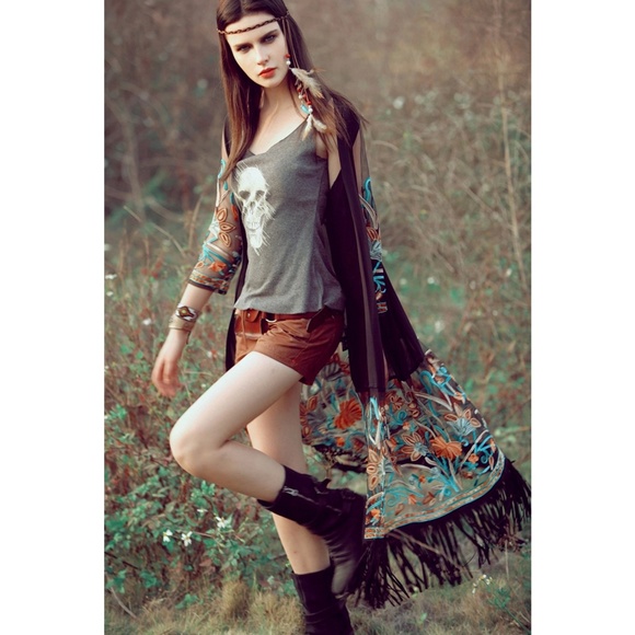 Boho Black Sheer Embroidered Fringe Kimono Duster - Picture 3 of 8